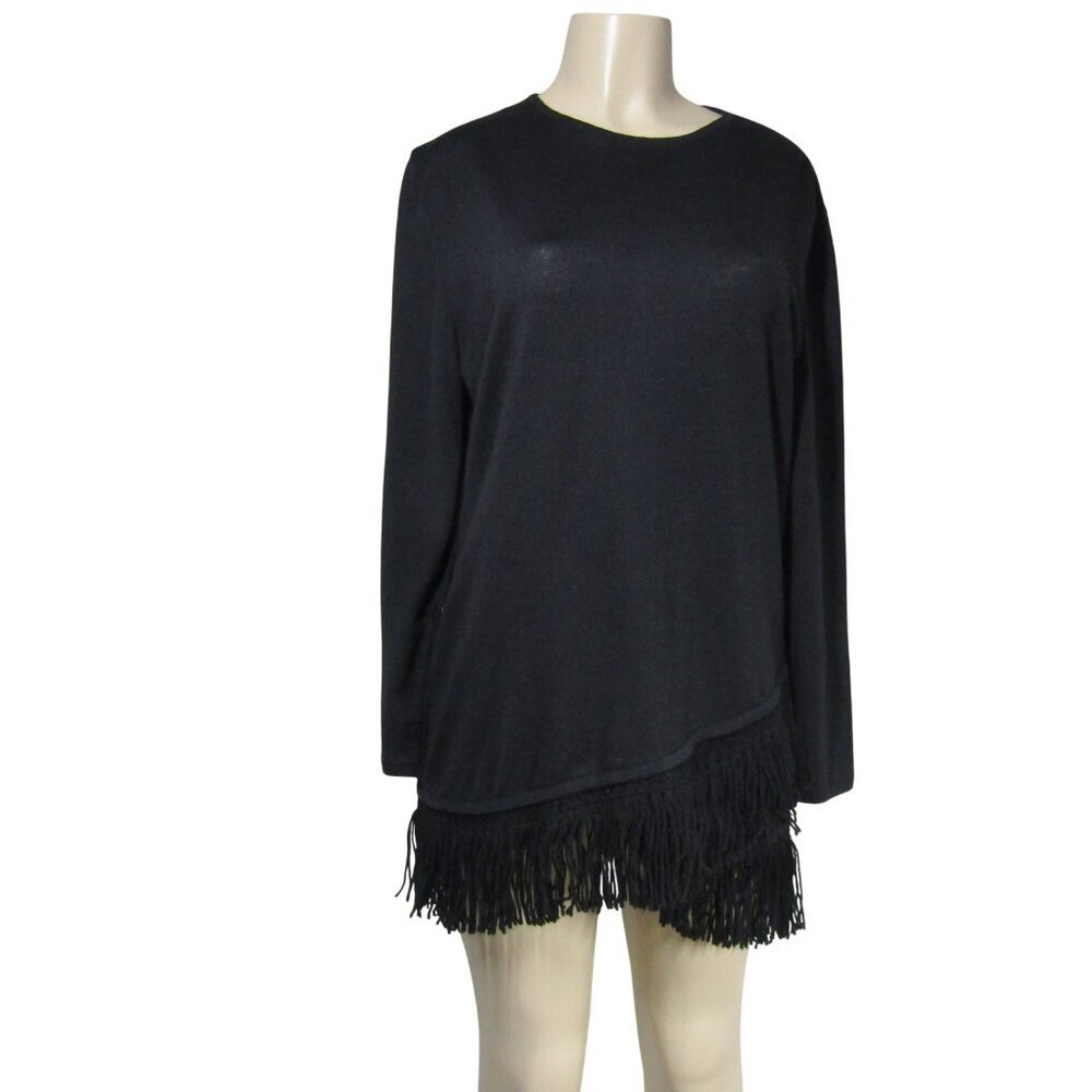 VTG MONDI Black FRINGE Asymmetrical Mod Boho Mini Wool Blend Dress Tunic 42 M